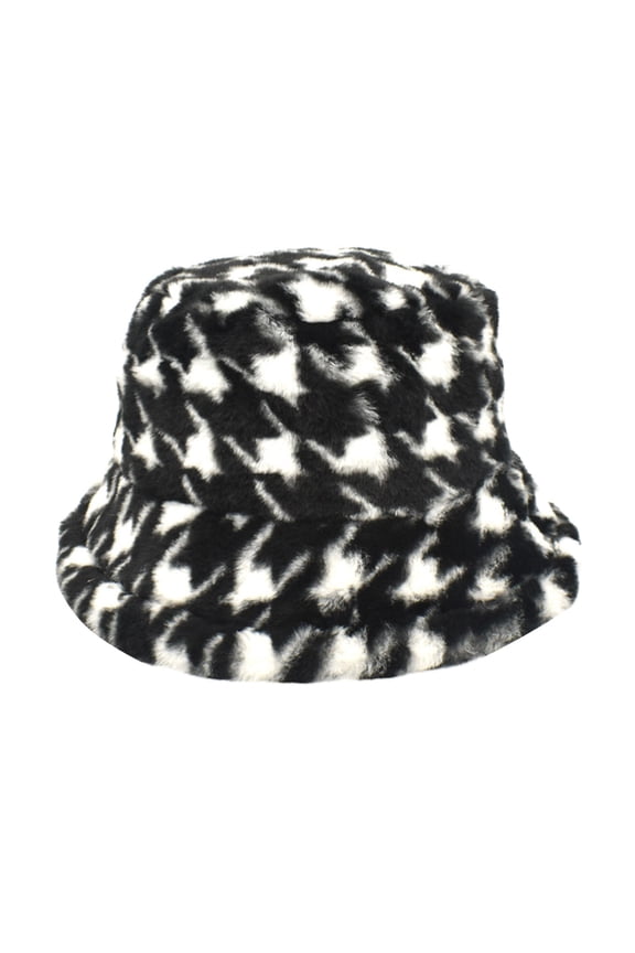 Bucket Hats for Women Trendy Houndstooth Plaid Fall Winter Fleece Cap Black