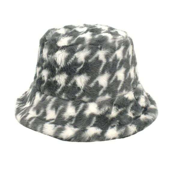 Dyfzdhu Bucket Hats for Women Trendy Houndstooth Plaid Fall Winter Fleece Cap Gray