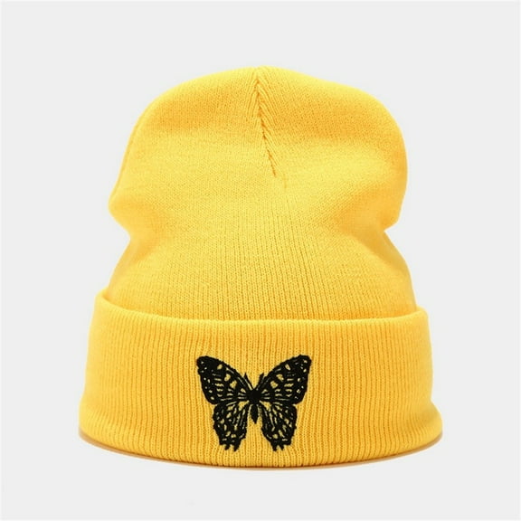 Dyfzdhu Butterfly Embroidery Knitted Hat Pullover Cap Outdoor Wild Warm Woolen Yellow