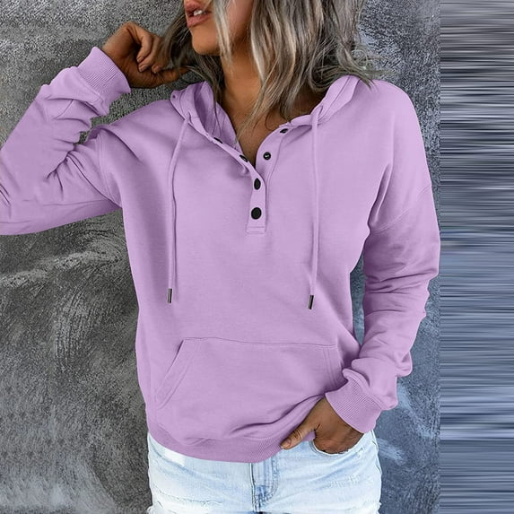 Dyfzdhu Button Hoodies for Women Soild Color Hooded Long Sleeve Casual Sweatshirt Pullover With Pocket Purple