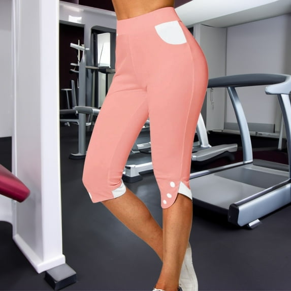 Dyfzdhu Capri Pants for Women Summer Color Block High Waisted Capri Jeggings Stretch Skinny Pants with Pockets Pink