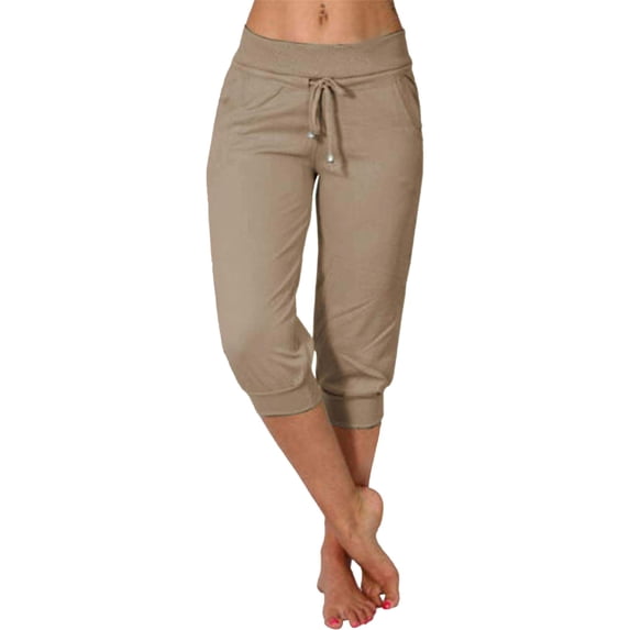Dyfzdhu Capri Pants for Women Summer Mid Rise Drawstring Capri Leggings Stretch Workout Jogger Pants with Pockets Khaki