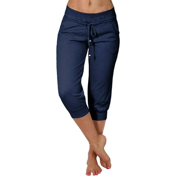 Dyfzdhu Capri Pants for Women Summer Mid Rise Drawstring Capri Leggings Stretch Workout Jogger Pants with Pockets Navy