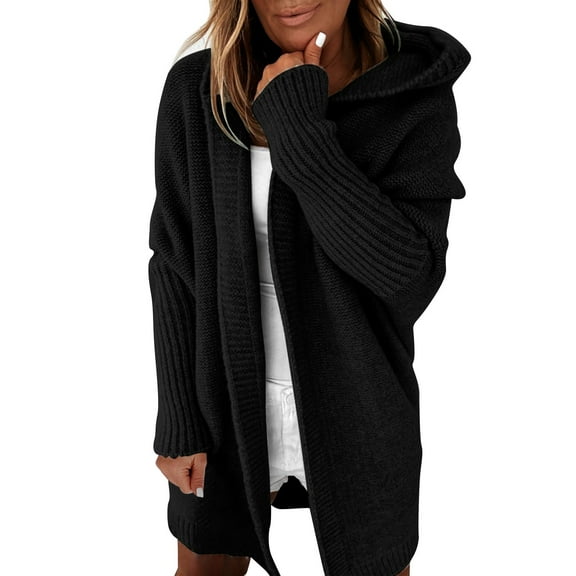 Dyfzdhu Cardigan Sweaters for Women Hooded Long Sleeve Casual Loose Batwing Sleeve Knit Sweater Coat Black