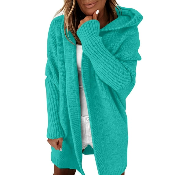 Dyfzdhu Cardigan Sweaters for Women Hooded Long Sleeve Casual Loose Batwing Sleeve Knit Sweater Coat Blue