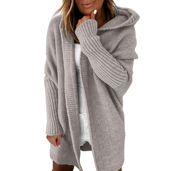 Dyfzdhu Cardigan Sweaters for Women Hooded Long Sleeve Casual Loose Batwing Sleeve Knit Sweater Coat Gray