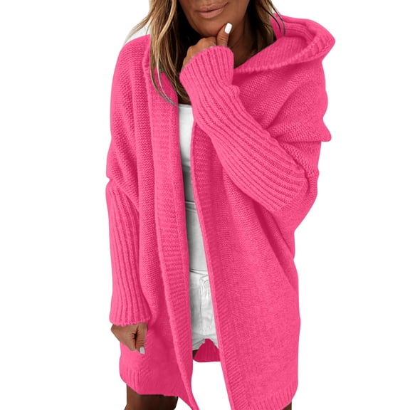 Dyfzdhu Cardigan Sweaters for Women Hooded Long Sleeve Casual Loose Batwing Sleeve Knit Sweater Coat Pink