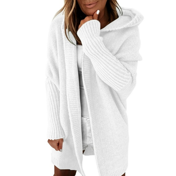 Dyfzdhu Cardigan Sweaters for Women Hooded Long Sleeve Casual Loose Batwing Sleeve Knit Sweater Coat White