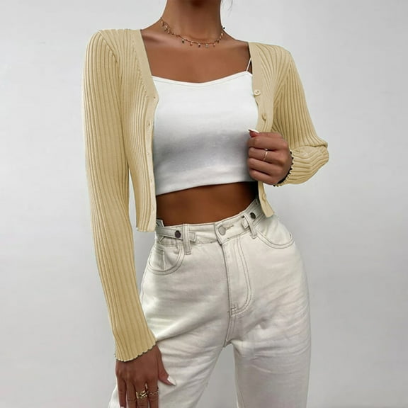 Dyfzdhu Cardigan Sweaters for Women Long Sleeve Open Front Knit Crop Sweater Beige