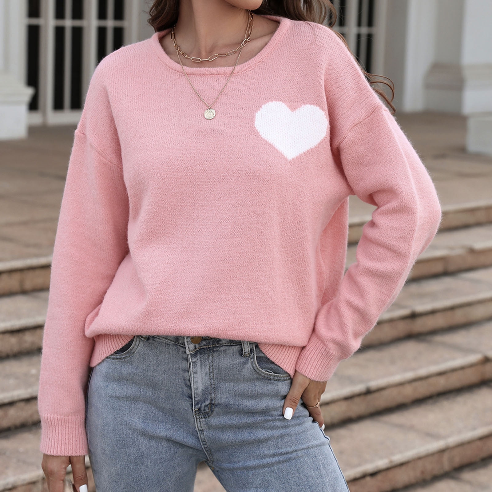 Dyfzdhu Casual Sweaters for Women Trendy Heart Graphic Long Sleeve Crew