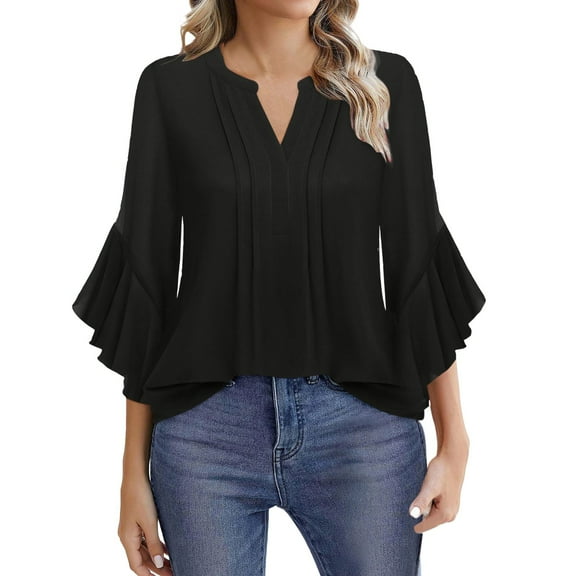 Dyfzdhu Chiffon Blouses for Women Dressy Casual Ruffled 3/4 Sleeve Tops Business Work Shirts Blouse Black