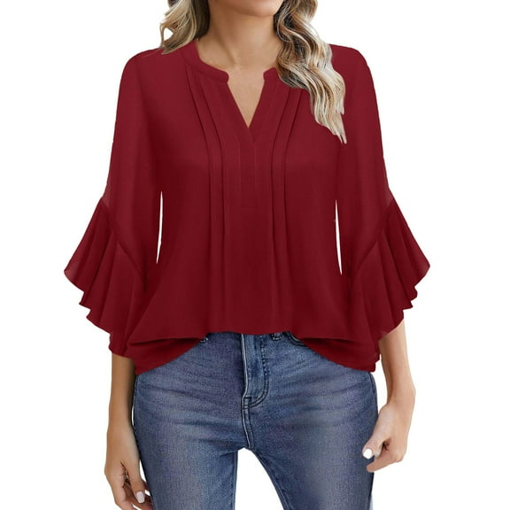 Dyfzdhu Chiffon Blouses for Women Dressy Casual Ruffled 3/4 Sleeve Tops Business Work Shirts Blouse Burgundy