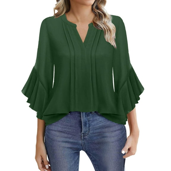 Dyfzdhu Chiffon Blouses for Women Dressy Casual Ruffled 3/4 Sleeve Tops Business Work Shirts Blouse Green