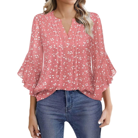 Dyfzdhu Chiffon Blouses for Women Dressy Casual Ruffled 3/4 Sleeve Tops Business Work Shirts Blouse Pink