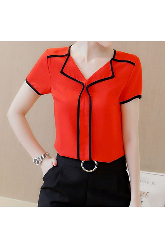 Chiffon Blouses for Women Short Sleeve Summer Solid Color Slim Fit Elegant Top Red