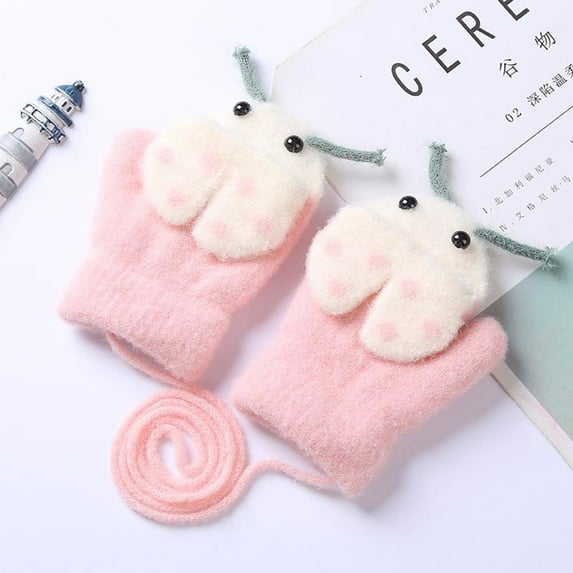 Dyfzdhu Children Baby Boys Girls Winter Warm Skiing Gloves Kids Cartoon Fleece Knitted Full Finger Mittens Gloves Pink