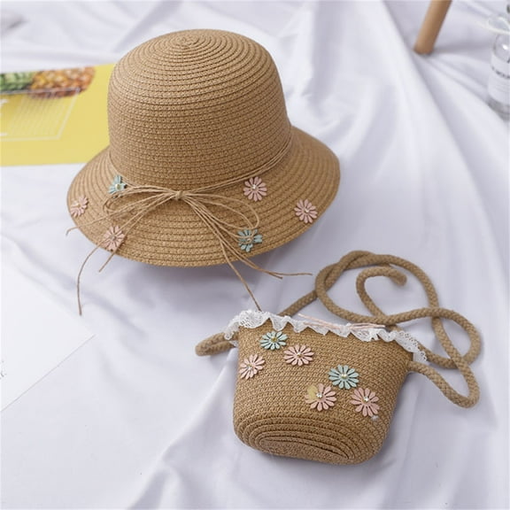 Dyfzdhu Children Girl Summer Sunscreen Sunshade Hat Straw Beach Sun Hat + Straw Bag