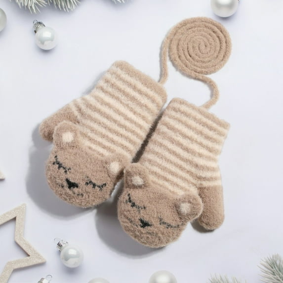 Dyfzdhu Children Warm Gloves Windproof Padded Mitten Cute Baby Plush Kids Gloves Khaki