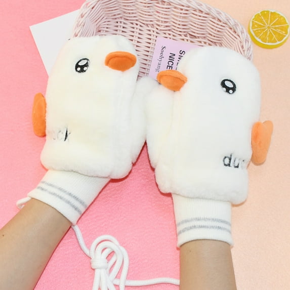 Dyfzdhu Children Winter Outdoor Cycling Gloves Warm Cartoon Soft Cute Duckling Gloves Neck Mittens White
