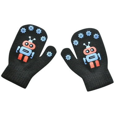 Dyfzdhu Children Winter Warm Robot Print Patchwork Knitted Cute Gloves Black