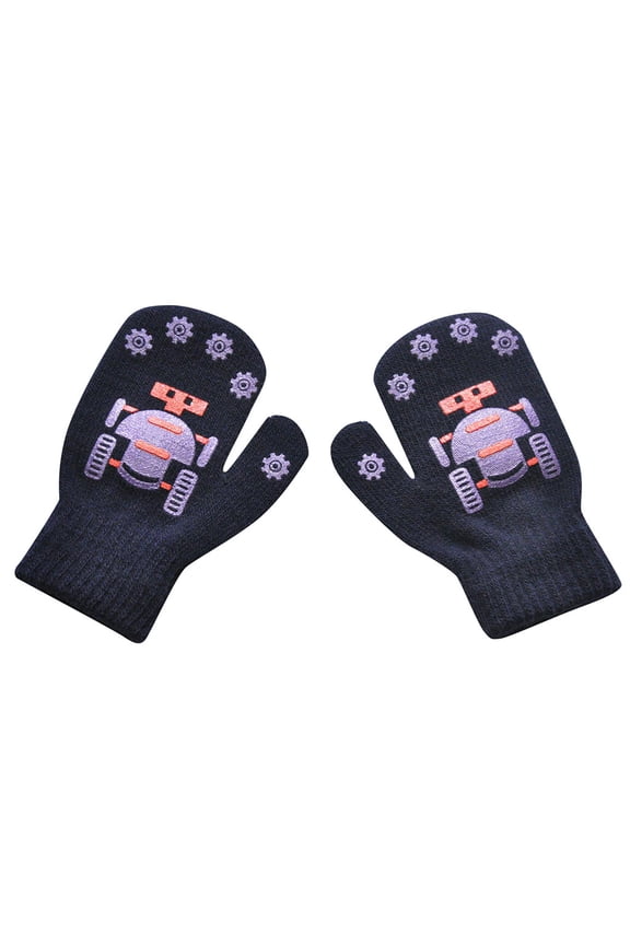 Children Winter Warm Robot Print Patchwork Knitted Cute Gloves Navy