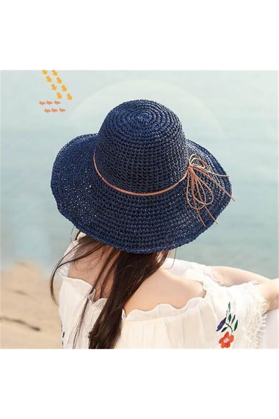 QIJUNTUO Collapsible Raffia Hat Women Summer Big Brimmed Beach South Travel Sunhat Sun Blue