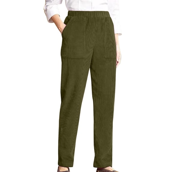 Dyfzdhu Corduroy Pants for Women High Waisted Trendy Elegant Elastic Striped Straight Leg Casual Pants Plus Size Army Green