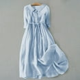 thumbnail image 1 of Dyfzdhu Cotton Linen Dresses for Women 2024 Summer Vintage Short Sleeve Flowy Beach Dress Collar V Neck Button Down Pleated Midi Dress Blue, 1 of 8