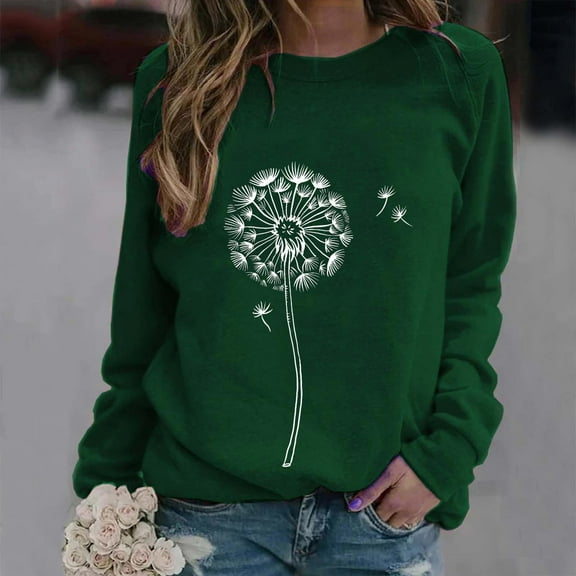 Dyfzdhu Crew Neck Sweatshirt for Women Trendy Dandelion Graphic Print Loose Fit Pullover Tops Casual Long Sleeve Workout Shirts, Green L