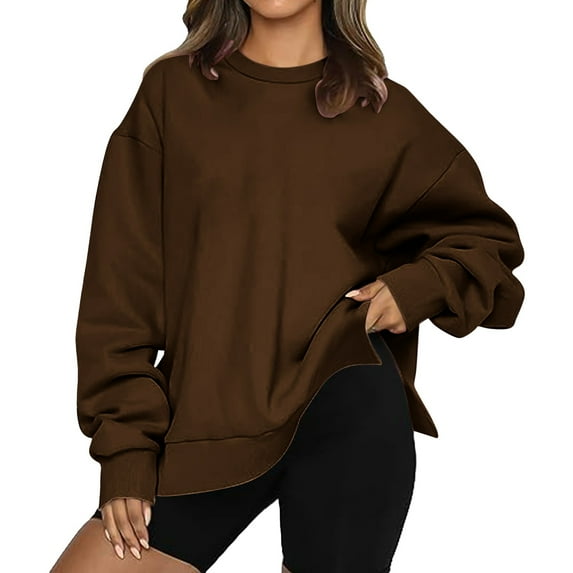 Dyfzdhu Crewneck Sweatshirts Women Fall Winter Casual Long Sleeve Loose Solid Color Oversized Sweatshirt Pullover Fleece Lined Coffee