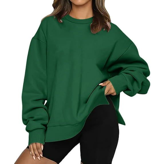 Dyfzdhu Crewneck Sweatshirts Women Fall Winter Casual Long Sleeve Loose Solid Color Oversized Sweatshirt Pullover Fleece Lined Green