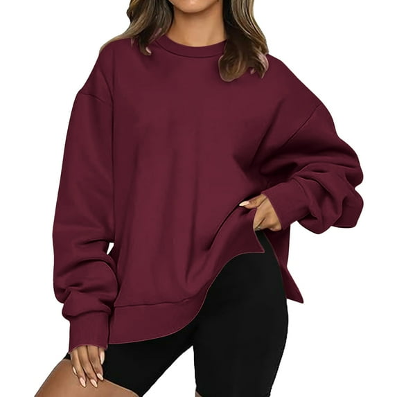 Dyfzdhu Crewneck Sweatshirts Women Fall Winter Casual Long Sleeve Loose Solid Color Oversized Sweatshirt Pullover Fleece Lined Purple