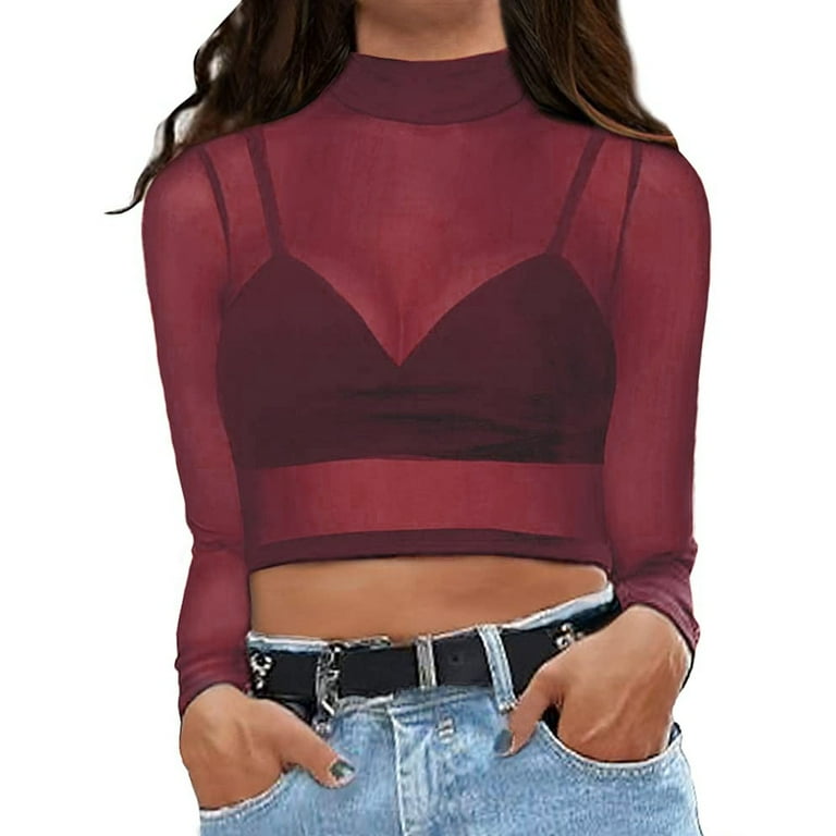 Red mesh long sleeve crop top cheap