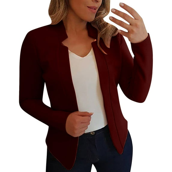 Dyfzdhu Cropped Blazers for Women Plus Size Fall Winter Long Sleeve Solid Color Suit Jacket Slim Fit Wine Red