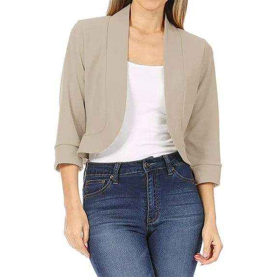 Dyfzdhu Cropped Cardigan Women Trendy Solid Color 3/4 Sleeve Open Front Lightweight Short Shrugs Khaki