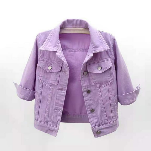 Dyfzdhu Cropped Denim Jackets for Women 3/4 Sleeve Lightweight Jean Jacket Spring Summer Outerwear Purple