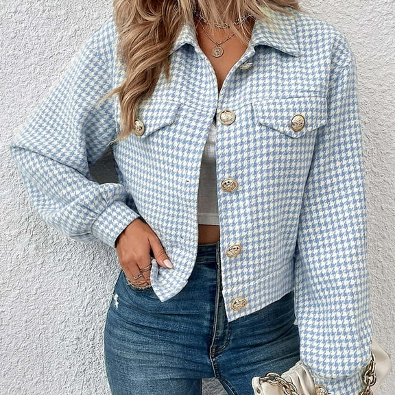 Dyfzdhu Cropped Jacket for Women Lapel Single Plaid Long Sleeve Coat Fall Winter Blue S