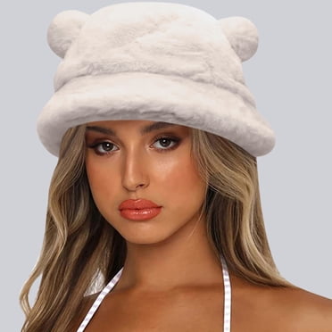 BUCKET HAT WITH CUTE BEAR EARS IN BEIGE MINK FUR 422025