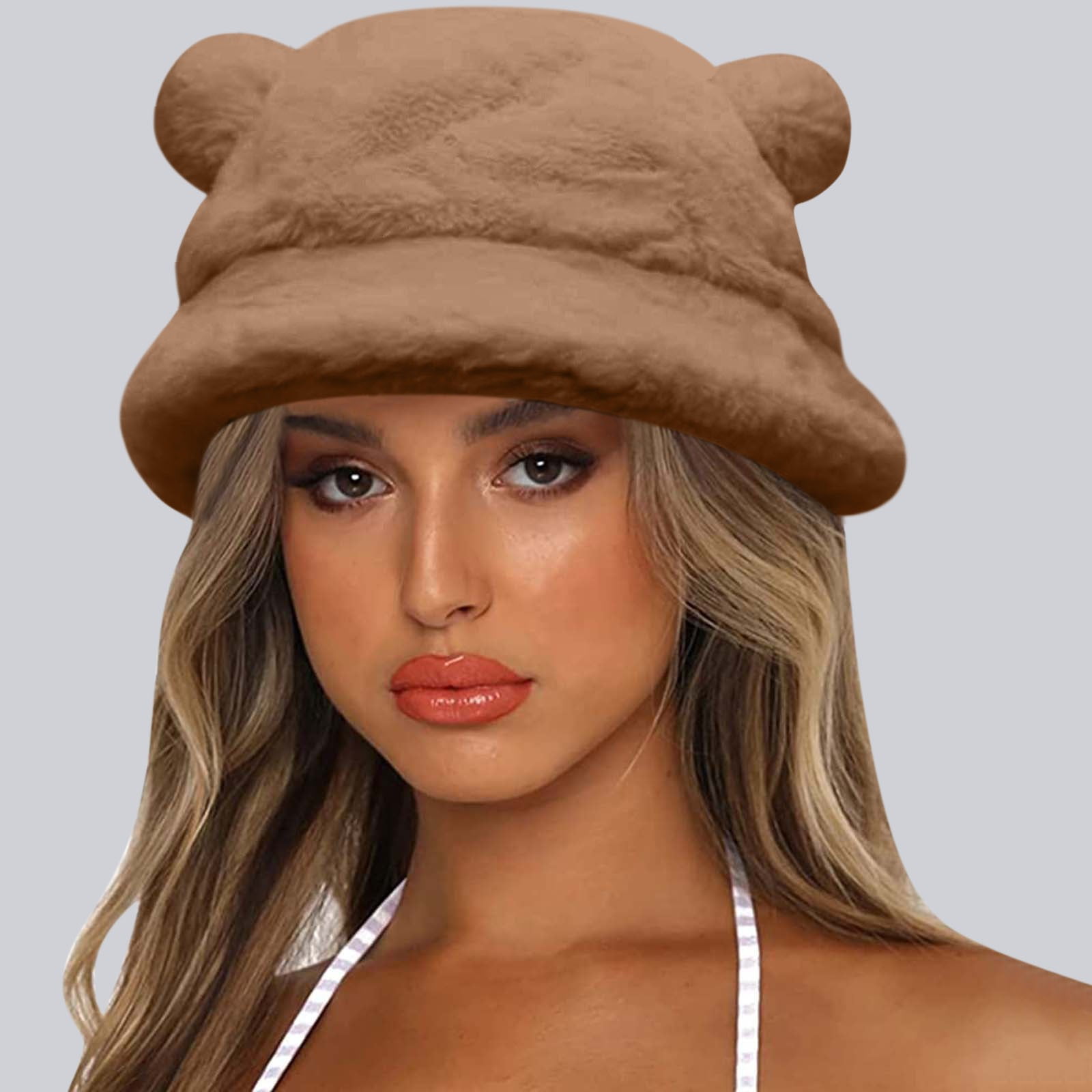 BUCKET HAT WITH CUTE BEAR EARS IN WHITE RABBIT FUR 434970