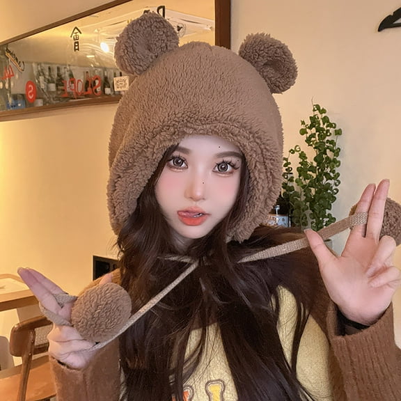 Dyfzdhu Cute Bear Ears Hat Women Plush Warm Ear Protection Student Lei Feng Brown