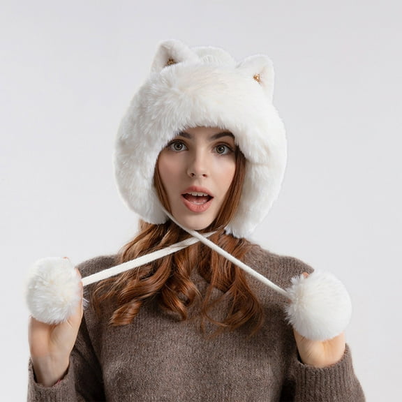 Dyfzdhu Cute Pullover Hat With Wool Thickening Hairball Solid Color Knit Ear Protection
