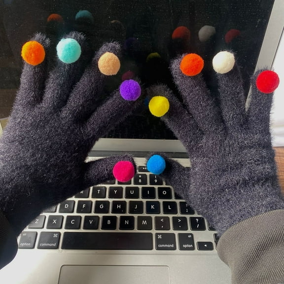 Dyfzdhu Fall Winter Colorful Hairball Gloves Womens Cute Cold Warm Riding Woolen Knitted Gloves Black