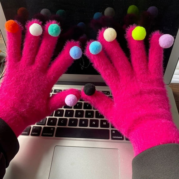 Dyfzdhu Fall Winter Colorful Hairball Gloves Womens Cute Cold Warm Riding Woolen Knitted Gloves Hot Pink