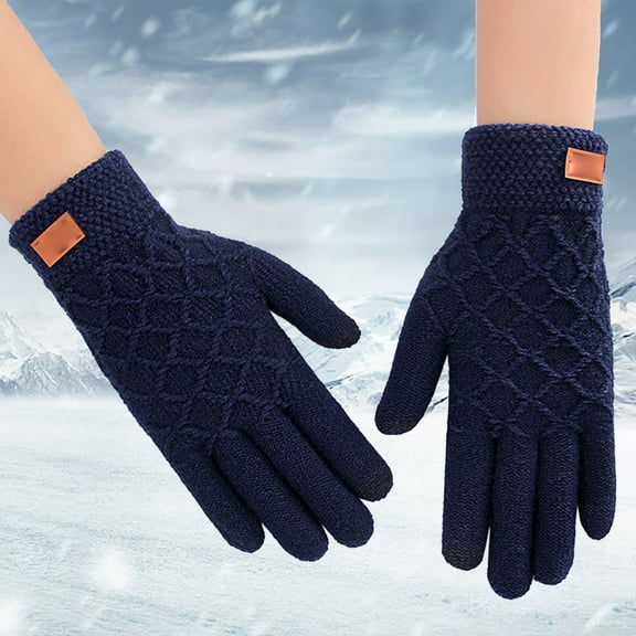 Dyfzdhu Fall Winter Knit Warm Fleece Thickened Gloves Winter Riding Gloves Navy