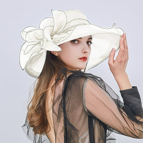 Dyfzdhu Fascinators Hats for Women Elegant Flower Organza Beach Sun Hat Wide Trim Tea Party Wedding Hat