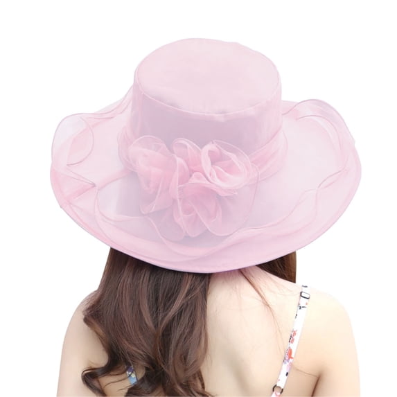 Dyfzdhu Fascinators Hats for Women Elegant Flower Organza Sun Hat Derby Wedding Tea Party Beach Wide Brim Hats Pink