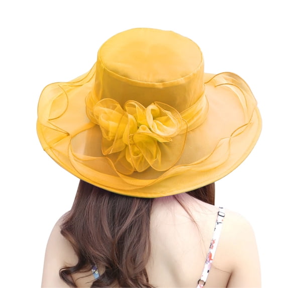 Dyfzdhu Fascinators Hats for Women Elegant Flower Organza Sun Hat Derby Wedding Tea Party Beach Wide Brim Hats Yellow