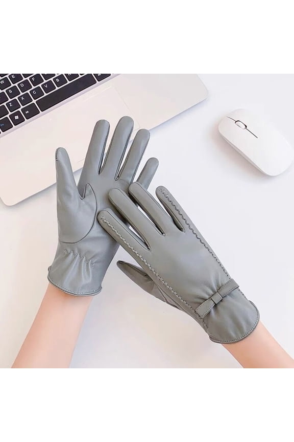 Fashion Lace Butterfly Embroidery Fleece Lined Gloves Womens Lambskin Leather Driving Gloves Gray