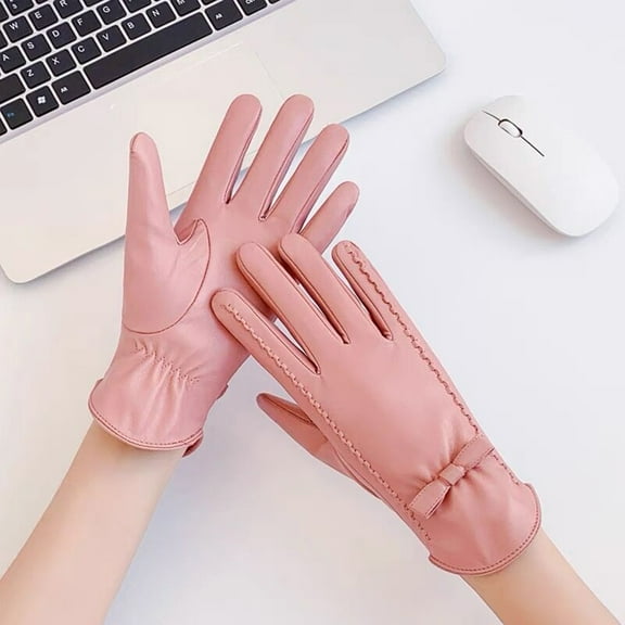 Dyfzdhu Fashion Lace Butterfly Embroidery Fleece Lined Gloves Womens Lambskin Leather Driving Gloves Pink