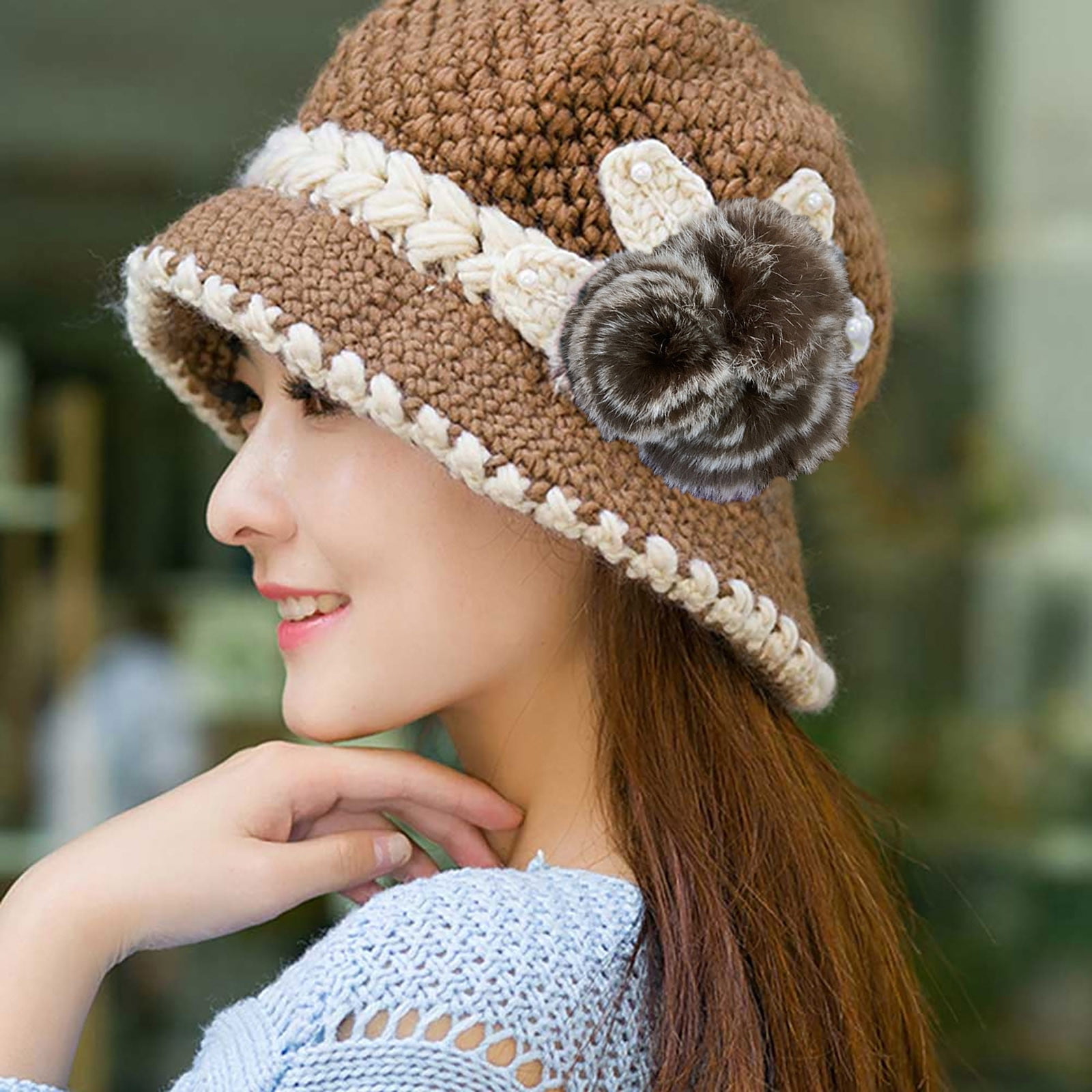 Classic Crochet Brown Floral Bucket Hat Faux Pearl Accents Blooming Ruffle Crochet Bucket Hat , Brown Beige and Gold  main image 2